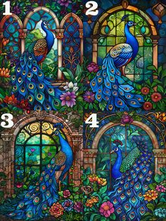 a stained glass window with two peacocks in it and numbers on the outside side