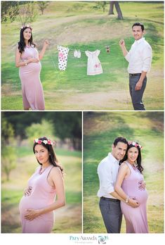 a pregnant couple posing for pictures in the park