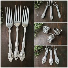 four different pictures of silverware with chains attached to the forks and spoons,