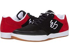 eS Swift 1.5 - Men's Skate Shoes : Black/Red/White : Bring some new color to your casual looks wearing the éS Swift 1.5 featuring a lighter style skate shoe so versatility from school to skating comes easily with this classic lace-up style skate shoe. Inspired By éS heritage. Premium quality suede upper for longevity and style. Hidden lace loops. Thermothane toe cap. Silicone embossed accent for added durability and lace protection. Lycra spandex tongue stabilizers. STI molded energy foam footbe Es Shoes, Style Skate, Shoes Skate, Mens Skate Shoes, Skate Shoe, Fashion Lighting, Sketchers Sneakers, Skate Shoes, Saucony Sneaker