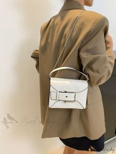 Bird in Bag - Womens Handbag with Fashionable Buckle Decoration, Square Shape, Solid Color Construction Trendy White Shoulder Bag With Hasp Closure, White Large Capacity Satchel For Formal Occasions, Formal White Satchel With Large Capacity, Spring Formal Bag With Adjustable Strap, Elegant Shoulder Bag With Hasp Closure For Errands, Spring Formal Bags With Adjustable Strap, White Satchel With Hasp Closure, White Satchel With Hasp Closure For Daily Use, Elegant Square Box Bag For Errands