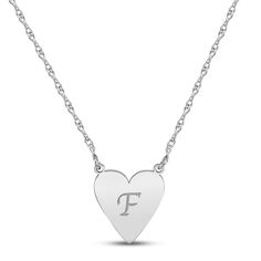 This lovely necklace features a sterling silver heart customized with your initial in a sophisticated script font. The pendant suspends from an 18-inch rope chain that secures with a spring ring clasp. Silver Heart Pendant Initial Necklace, Silver Heart Necklace With Initial Pendant, Silver Initial Pendant Necklace With Heart Charm, Silver Heart Initial Pendant Necklace, Classic Heart Charm Necklace With Initial Pendant, Silver Engraved Initial Pendant Heart Necklace, Sterling Silver Heart Necklace With Initials, Silver Heart Initial Necklace As Personalized Gift, Sterling Silver Heart Necklace With Initial Pendant