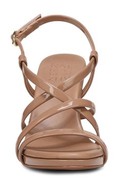 A metallic finish crackles across the strappy silhouette of this party-ready sandal built with a comfortable contoured footbed and adjustable slingback strap. 3 1/2" heel Contour+ Comfort technology Leather upper/synthetic lining and sole Imported Formal Sandals With Multiple Ankle Straps, Formal Summer Cross Strap Sandals, Evening Cross Strap Synthetic Sandals, Formal Sandals With Multiple Straps And Open Heel, Strappy Sandals With Adjustable Strap For Party, Formal Double Strap Slingback Sandals For Spring, Spring Formal Double Strap Slingback Sandals, Wide Width Sandals, Nude Sandals