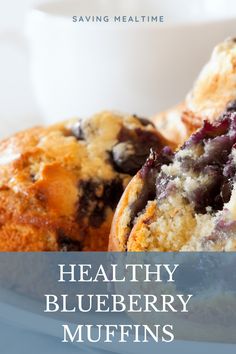 blueberry muffins on a plate with the title saying healthy blueberry muffins