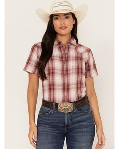 Model is wearing a size small 100% Cotton Billie Jean, Western Shirt, Short Sleeve Button Up, Plaid Print, Western Shirts, Button Shirt, Real Women, White Plaid, Printed Shorts