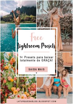 three photos with the words free lightroom presets, including two women in bikinis