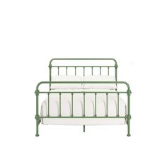 a green metal bed frame with white sheets and pillows on the bottom, against a white background