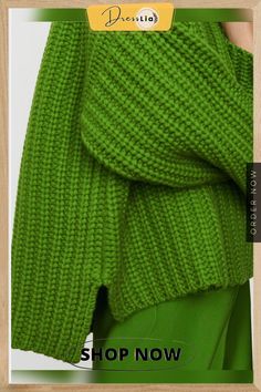 Green Turtleneck Knitted Casual Solid Sweater Green Knit Top For Winter Layering, Green Long Sleeve Textured Cropped Sweater, Green Textured Knit Cropped Sweater For Winter, Green Knit V-neck Sweater For Winter, Chunky Knit Long Sleeve Sweater For Work, Workwear Long Sleeve Chunky Knit Sweater, Oversized Knitted V-neck Sweater For Winter, Winter Green Crew Neck Knit Top, Green Crew Neck Knit Top For Winter