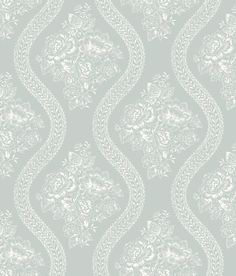 an ornate wallpaper pattern with white flowers and leaves on a light green color background