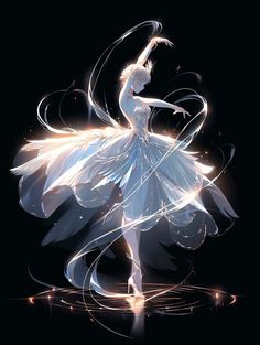 a woman is dancing in the dark with her arms spread out and glowing lights behind her