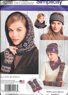 a woman wearing a hat and scarf with mitts on her head is shown in this knitting pattern