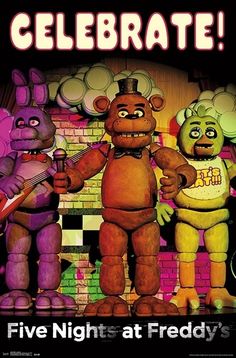 five nights at friedy's poster with three cartoon characters standing in front of a brick wall