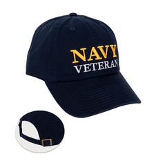 the navy veteran hat is next to a white and black baseball cap