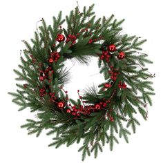 a christmas wreath with red ornaments and greenery on the front, isolated against a white background