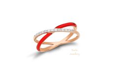 "This minimalist 14k rose gold colorful enamel ring, specially designed with 13 diamonds, is handcrafted. Our unique and dainty diamond criss cross ring, is a real gift for yourself or someone else! Width of band: 1.45MM. Material: 14K solid yellow -, white-, or rosegold. Diamonds: 0.11 ct. White Round Diamond G Color SI-VS Clarity. 100% real,natural and high quality Diamond. It's dainty and can be worn every day. Ready to Ship 3-5 Business Days. All jewelry are handmaded by me. All items are ni Rose Gold Enamel Ring, Elegant Red Enamel Ring, Red Enamel Elegant Rings, Elegant Rose Gold Enamel Rings, Cross Diamond Ring, Criss Cross Ring, Rose Gold Diamond Ring, Ladies Diamond Rings, Gold Diamond Ring