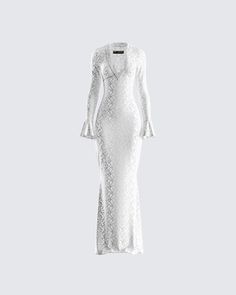 The type of dress that will have them thinking about you forever ☁️ give them something to remember in this white lace maxi dress. Complete with a deep V neckline, long sleeves, a mermaid skirt, and a ruffled sleeve hem 🕊️   Leave little to the imagination -- 'dress' is sheer & undergarments are not included 👀 Long Sleeve White Lace Dress, White Corset Dress Long, Lace White Dress Long, Sharona Fleming, Finesse Dress, White Dress Long Sleeve, White Lace Dresses, Pretty Maxi Dress, Long Lace Dress