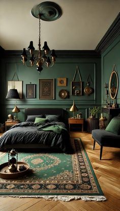 Black And Dark Green Bedroom, Dark Green Bedroom Ideas, Dark Green Bedroom, Dark Green Rooms, Green Bedroom Ideas, Green Accent Walls, Moody Bedroom, Dark Home Decor, Gold Bedroom