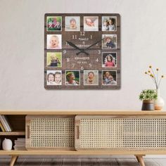 a wall clock with photos on it in a living room area next to a bench