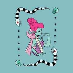 a woman with pink hair sitting on top of a blue surface next to a snake