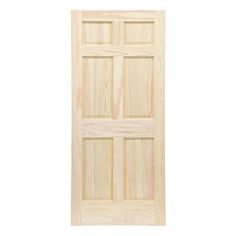 an unfinished wooden door with four panels on the front and side panel, all in light wood