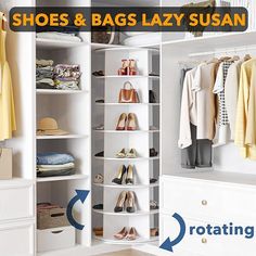 a closet with shoes and bags lazy susan on the bottom shelf next to an open shoe rack