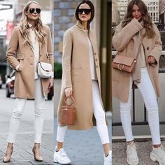 Camel Coat Outfit, White Jeans Outfit, Beige Coat, City Outfits, Camel Coat, Mode Vintage, White Pants, Street Style Outfit