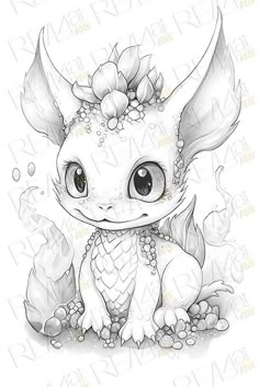 a drawing of a baby dragon with flowers on its head and wings, sitting down