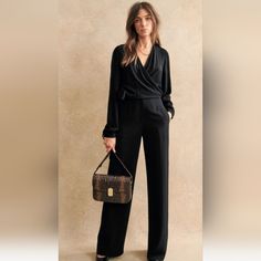 Beautiful Trouser Jumpsuit. Lightweight. New With Tag. Elegant Evening Pantsuit For Fall, Elegant Long Sleeve Jumpsuits And Rompers For Evening, Elegant Long Sleeve Pantsuit For Night Out, Sleek V-neck Jumpsuits And Rompers For Work, Elegant Fall Pantsuit For Night Out, Chic Evening Jumpsuits And Rompers For Fall, Elegant Tailored Pantsuit For Night Out, Sleek Evening Jumpsuits And Rompers For Fall, Chic Long Sleeve Pantsuit For Work