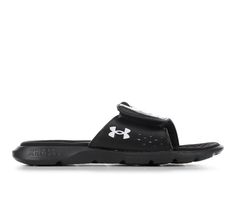 Synthetic upper with fabric lining, Easy slip-on entry with adjustable Velcro strap closure, Open round toe, Cushioned footbed with fabric lining, Flexible foam midsole and durable outsole, Under Armour branding details | Women's Under Armour W Ignite 7 SL Sport Slides Sandals in Black/White Non-slip Slip-on Synthetic Sandals, Slip-on Synthetic Sandals, Adjustable Flat Slides For Outdoor, Synthetic Closed Toe Slides With Arch Support, Adjustable Fit Open Toe Synthetic Sandals, Open Toe Synthetic Sandals With Adjustable Fit, Sports Sandals With Textured Footbed And Round Toe, Sports Sandals With Rubber Sole And Open Toe, Sporty Adjustable Sandals With Branded Insole