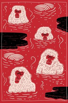 three monkeys swimming in the water with their mouths open and eyes closed, surrounded by waves