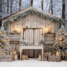 a small wooden building with christmas trees and lights