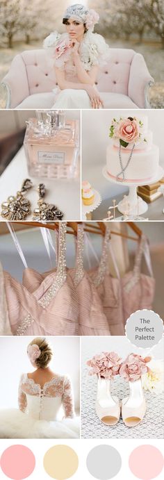 a collage of photos with pink and grey colors, including the bride's wedding dress