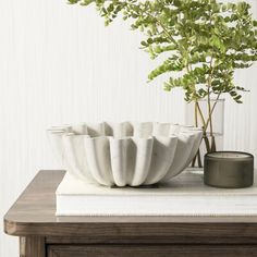 a white bowl sitting on top of a wooden table next to a potted plant