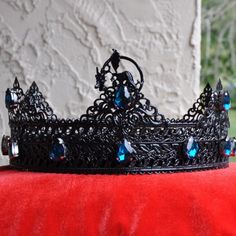 "Black Dragon Crown Black Crown King Crown Black Mens Crown Gothic Black Gothic crown Halo Crown Mens Crown Halloween Crown Tiara Customized This is great handmade medieval style crown. Unique design and fine jewelry quality of work. Great accent for kings or queens or other noble character, great accessory for both events and regular usage. - Crown is made to fit head circumference, please measure the size as it showing on a picture. - Choose stones colors you like - Higher point 3.2\" ( 9 cm) Ready to ship" Black Fantasy Costume Accessories For Larp, Gothic Tall Crown For Costume, Black Medieval Costume Accessories For Costume Party, Black High Crown Costume Accessories For Cosplay, Black Medieval Costume Accessories For Parties, Black Tall Crown For Festival, Medieval Black Costume Accessories For Party, Black Fantasy Festival Crown, Black Fantasy Crown For Costume Party