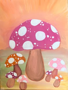 an acrylic painting of three mushrooms on a pink and orange background with white dots