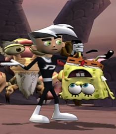 an animated character is standing in front of other characters