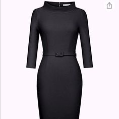 Knee Length Fabric Type 65% Rayon, 30% Cotton, 5% Spandex High-Neck, Three-Quarter-Sleeve Stretch Dresses For Business Casual, Stretch Bodycon Dress For Work, Fitted Black Midi Dress For Office, Black Fitted Midi Dress For Office, Fitted Midi Dress For Business Casual In Fall, Black Fitted Midi Dress For Business Casual, Career V-neck Dresses For Fall, Fitted Bodycon Dress For Work In Fall, Black Bodycon Dress For Office