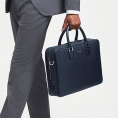 Mount Street Navy Pebble Leather Laptop Briefcase Bag Modern Leather Laptop Bag With Smooth Grain, Modern Laptop Bag With Smooth Grain For Travel, Modern Rectangular Work Briefcase, Modern Leather Briefcase For Workwear, Modern Leather Briefcase For Work, Modern Leather Laptop Bag For Business Trips, Modern Leather Cases With Smooth Grain, Professional Travel Bag With Smooth Grain, Professional Travel Briefcase With Smooth Grain