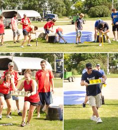 four pictures of people playing frisbee in the park and on the grass with other people