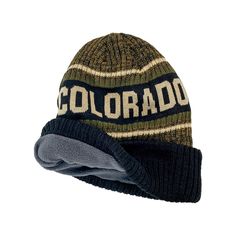 Knit beanie. Heather Olive/Black/Ivory. "COLORADO" knit into the crown. Gray fleece lining. Colorado Outfits, State Of Colorado, Knit Beanie, The Crown, Olive Green, Clothing Brand, Colorado, Crown, Knitting