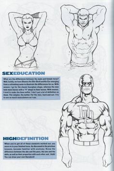 an instruction manual for how to draw the human figure in comic book style, with instructions on