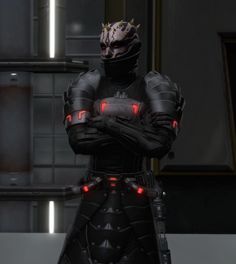 a man in armor with his arms crossed and red lights on, standing next to him