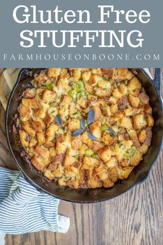 gluten - free stuffing in a cast iron skillet with text overlay