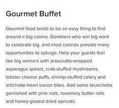 the gourmet buffet menu is shown in black and white, with text on it