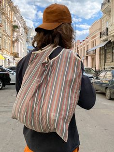 Lightweight and compact shopper bag made of gray-and-terracott striped raincoat fabric, grocery bag, tote bag, versatile bag, beach bag Grocery Tote Bag, Grocery Tote, Small Handbag, The Tote Bag, Small Handbags, Shopper Bag, Grocery Bag, Cut And Style, Beach Bag