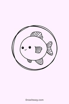 A minimalist sketch of a small, smiling fish swimming inside a circular outline. How To Draw Fish, Black And White Fish, Minimalist Sketch