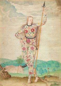 an old painting of a man holding a spear and wearing a floral outfit with flowers on it