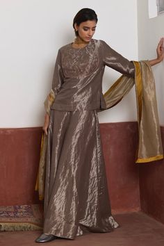 Slate silver tissue short kurta with heavy floral zardozi embroidery on yoke and cuffs. Comes with matching tissue gharara. - Aza Fashions Kurta Patterns, Zardozi Embroidery, Short Kurta, Handwoven Fabric, Indian Clothing, Embroidered Shorts, Indian Wedding Dress, Set For Women, Indian Outfits