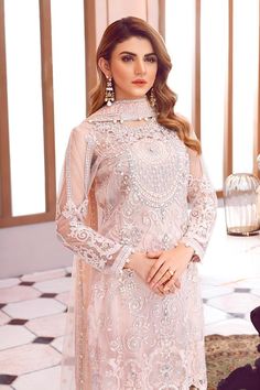 Asian net embroidered dress with pearls in pink color – Nameera by Farooq Designer Pink Sequined Salwar Kameez, Party Salwar Kameez With Pearl Embroidery, Party Wear Dresses With Dabka Work, Net Party Dress With Dabka Work, Pink Sequined Salwar Kameez For Eid, Embellished Net Dress For Eid, Festive Long Sleeve Net Dress, Glamorous Pink Pearl Embroidered Dress, Party Salwar Kameez With Pearl Embroidery In Organza