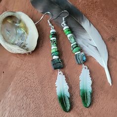 Handmade Earrings Green Tibetan Turquoise Abalone Shell Heishi Shell Green Dip Dyed Acrylic Feather Sterling Silver Hooks Measurements Provided In Photos Handmade By Me Green Dip, Green Dips, Tibetan Turquoise, Dip Dyed, Earrings Green, Dip Dye, Abalone Shell, Feather Earrings, Handmade Earrings